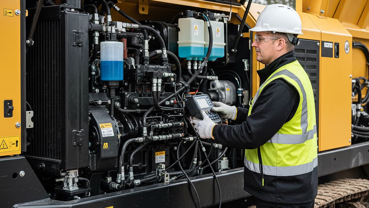 Technician in a hard hat working on heavy machinery, representing Machinery Partner's expert service.