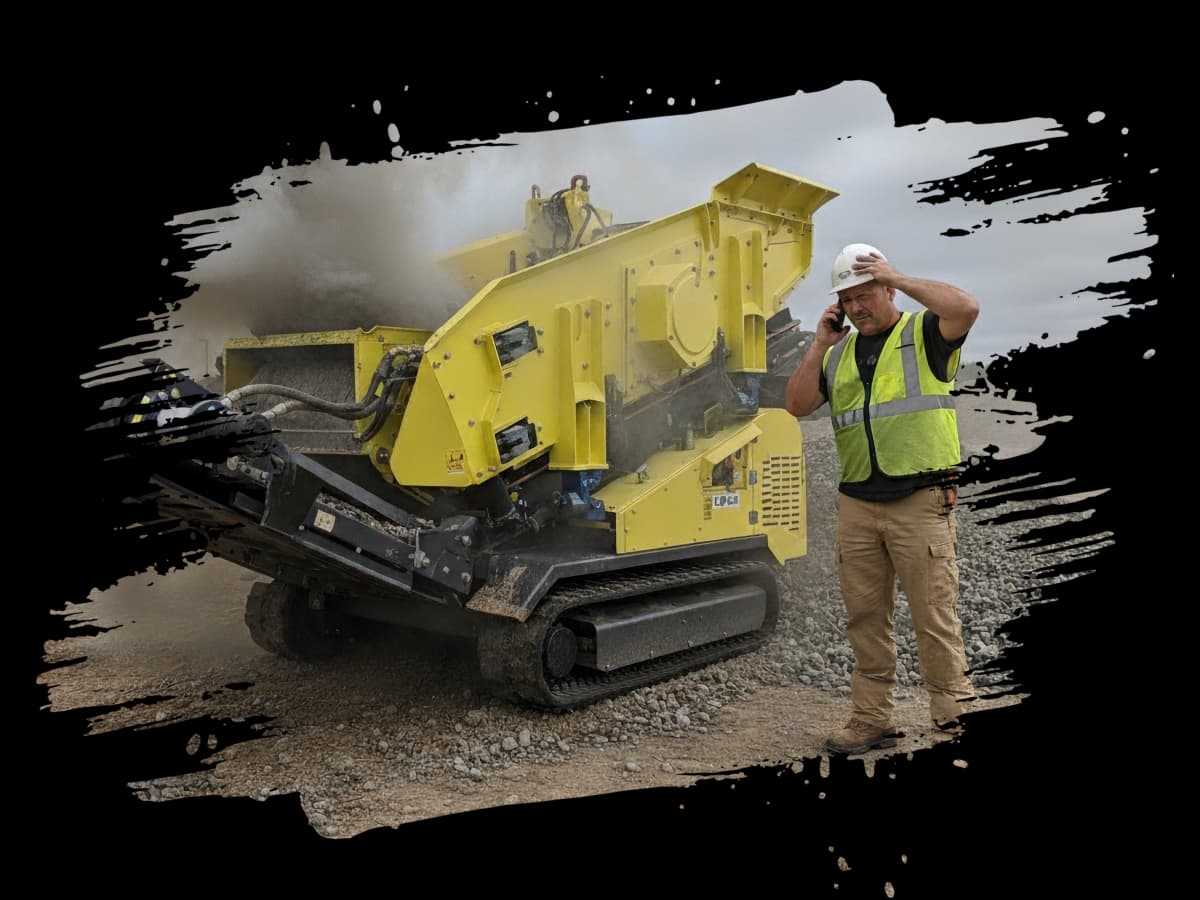 Construction worker in a high-visibility vest and hard hat stands beside a yellow tracked screener emitting dust on a gravel site, talking on a phone.