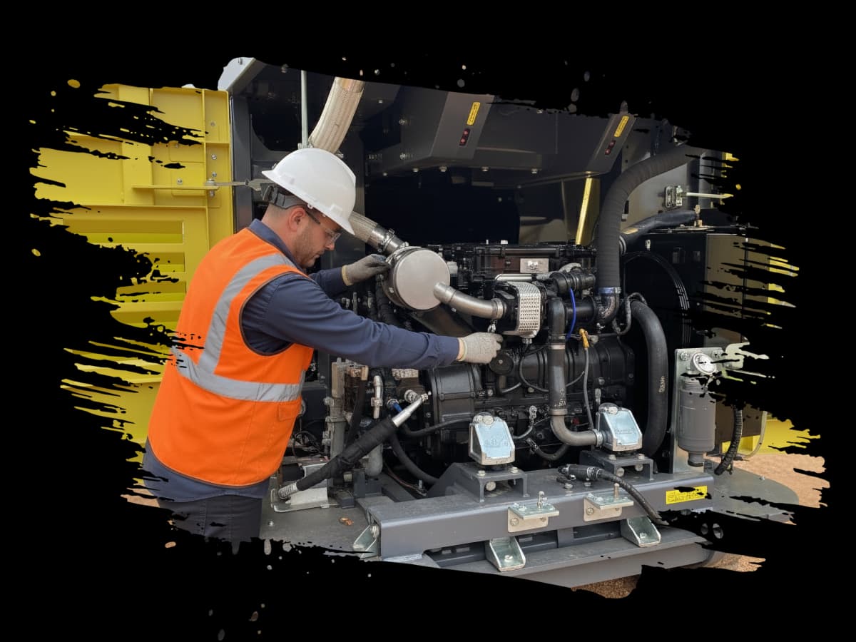 Technician wearing a hard hat and orange safety vest services the exposed engine compartment of a large yellow industrial machine, adjusting components with gloved hands.