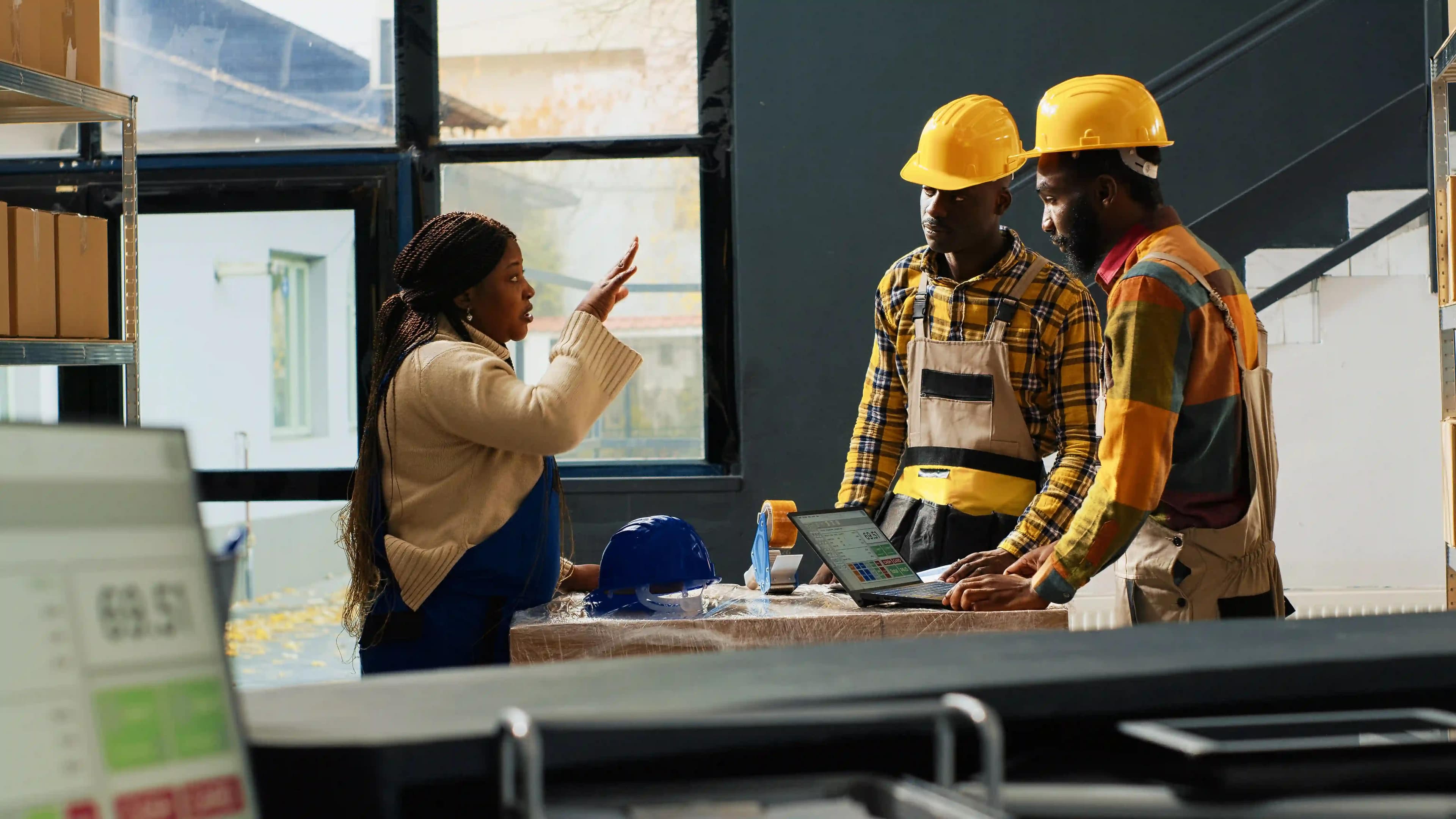 two construction workers are being taught new skills
