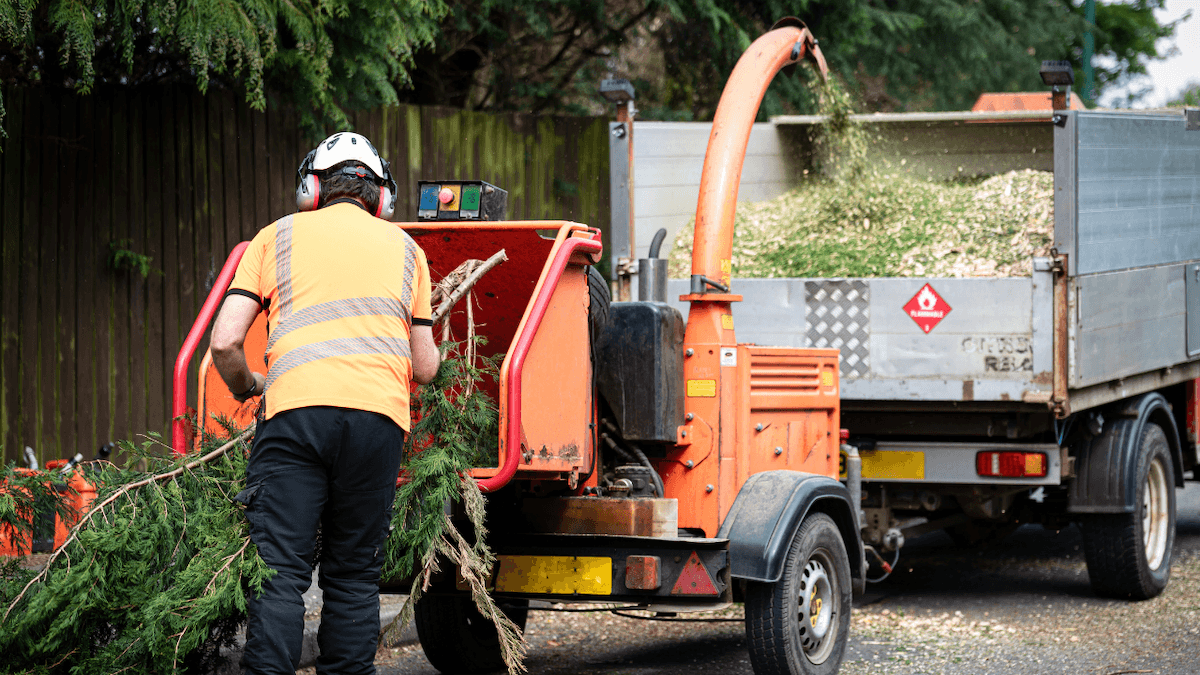 red wood chipper being used to break down trees and wood waste from a esidential site