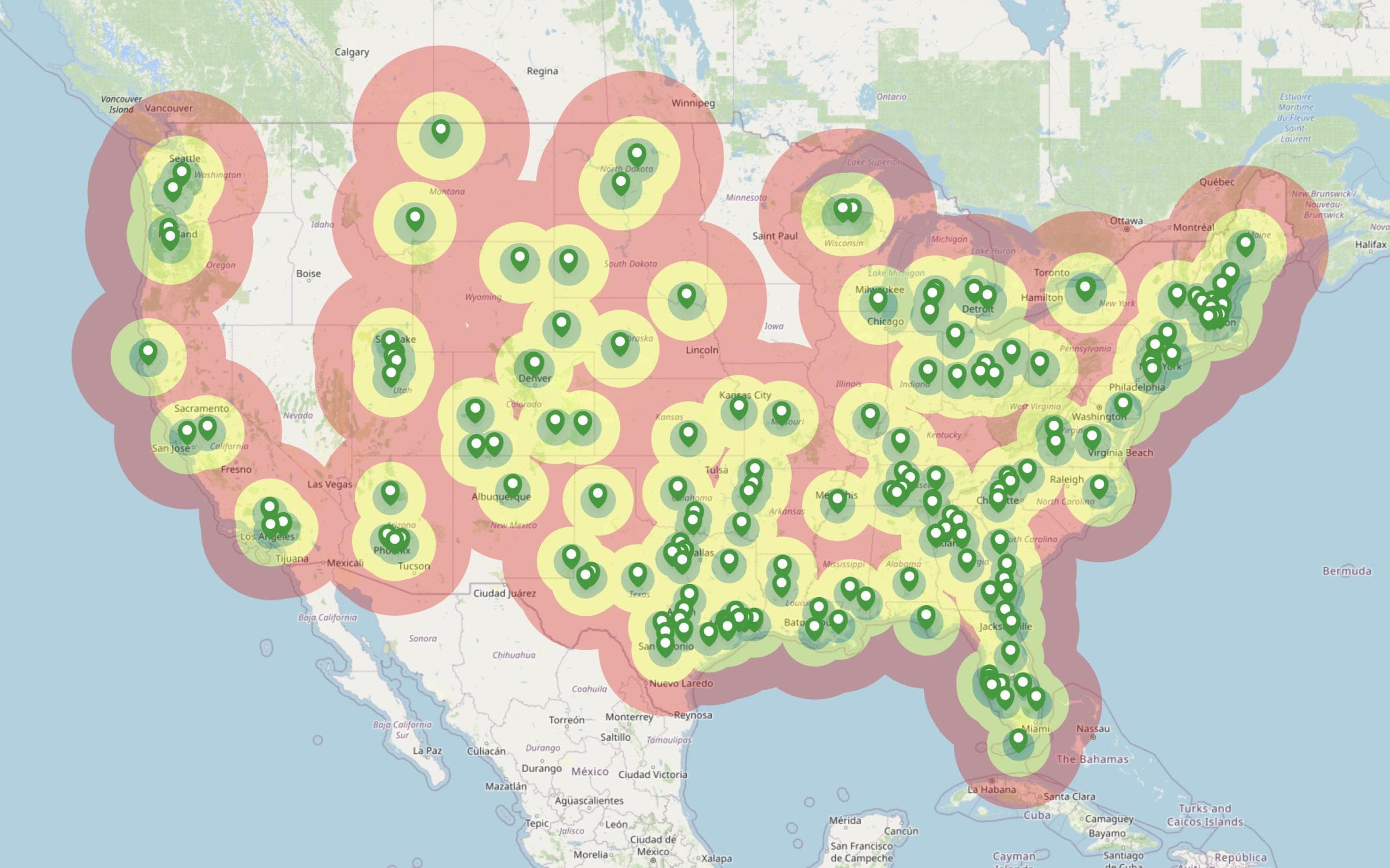 map showing the Machinery Partner service and support network on mainland USA