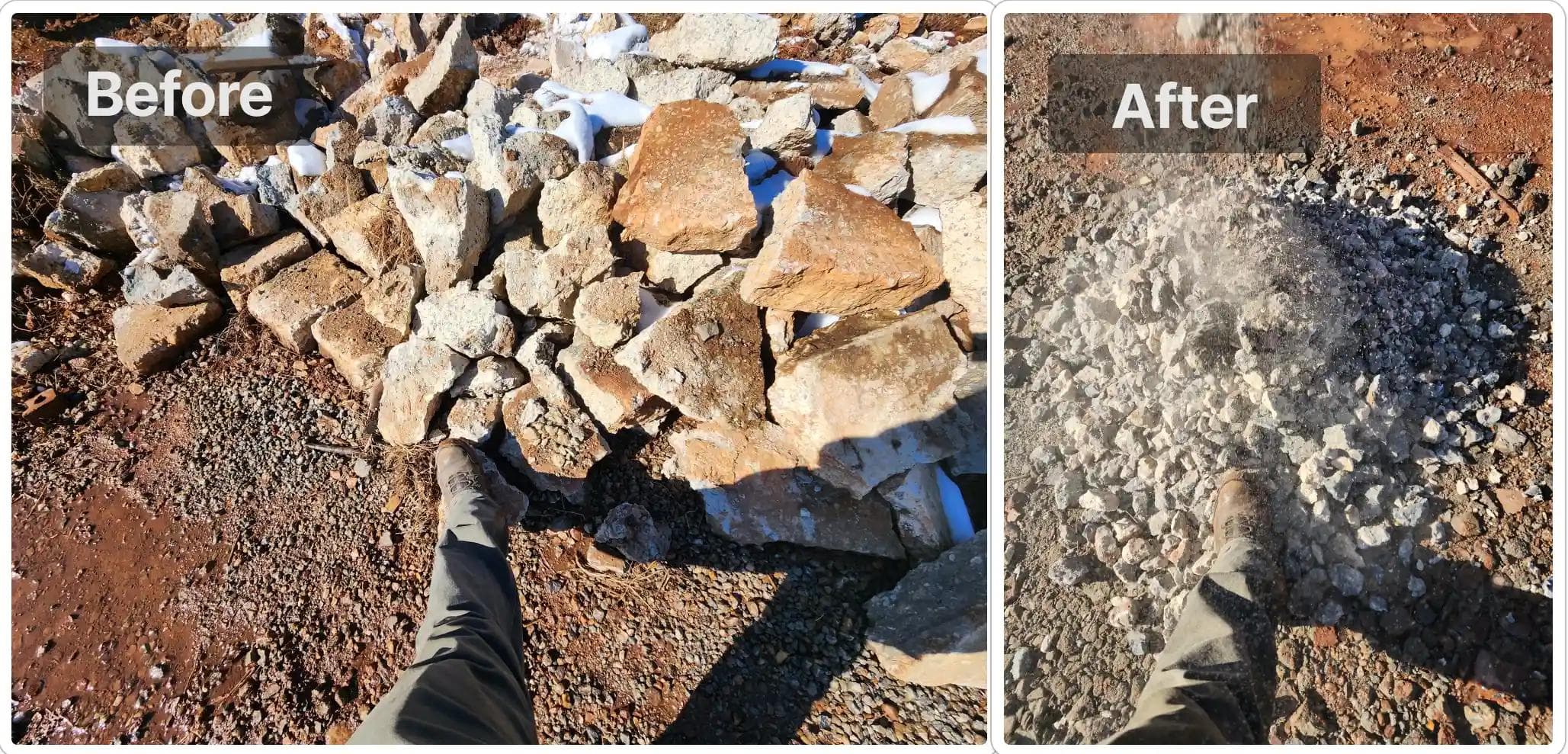 Product before and after it was crushed with a RubbleCrusher RCJ65T jaw crusher
