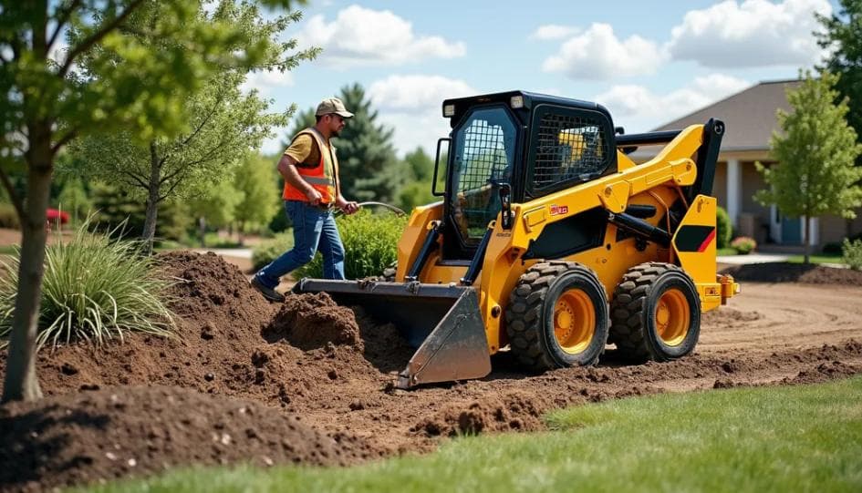 landscaper moving topsoil on a residential worksite