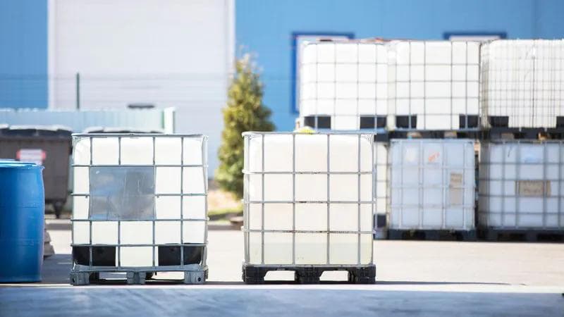 Large plastic containers with metal bars around them for extra support