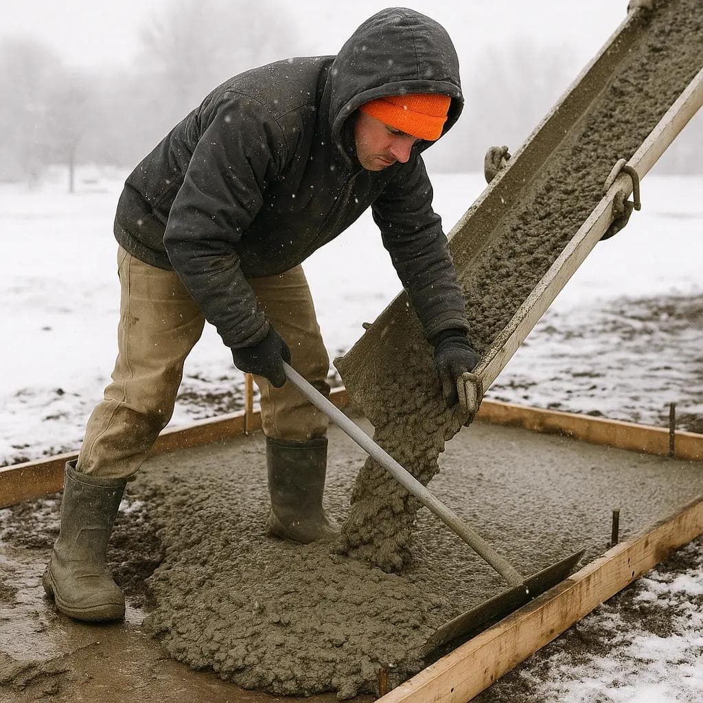 man pouring concrete in cold weather conditions