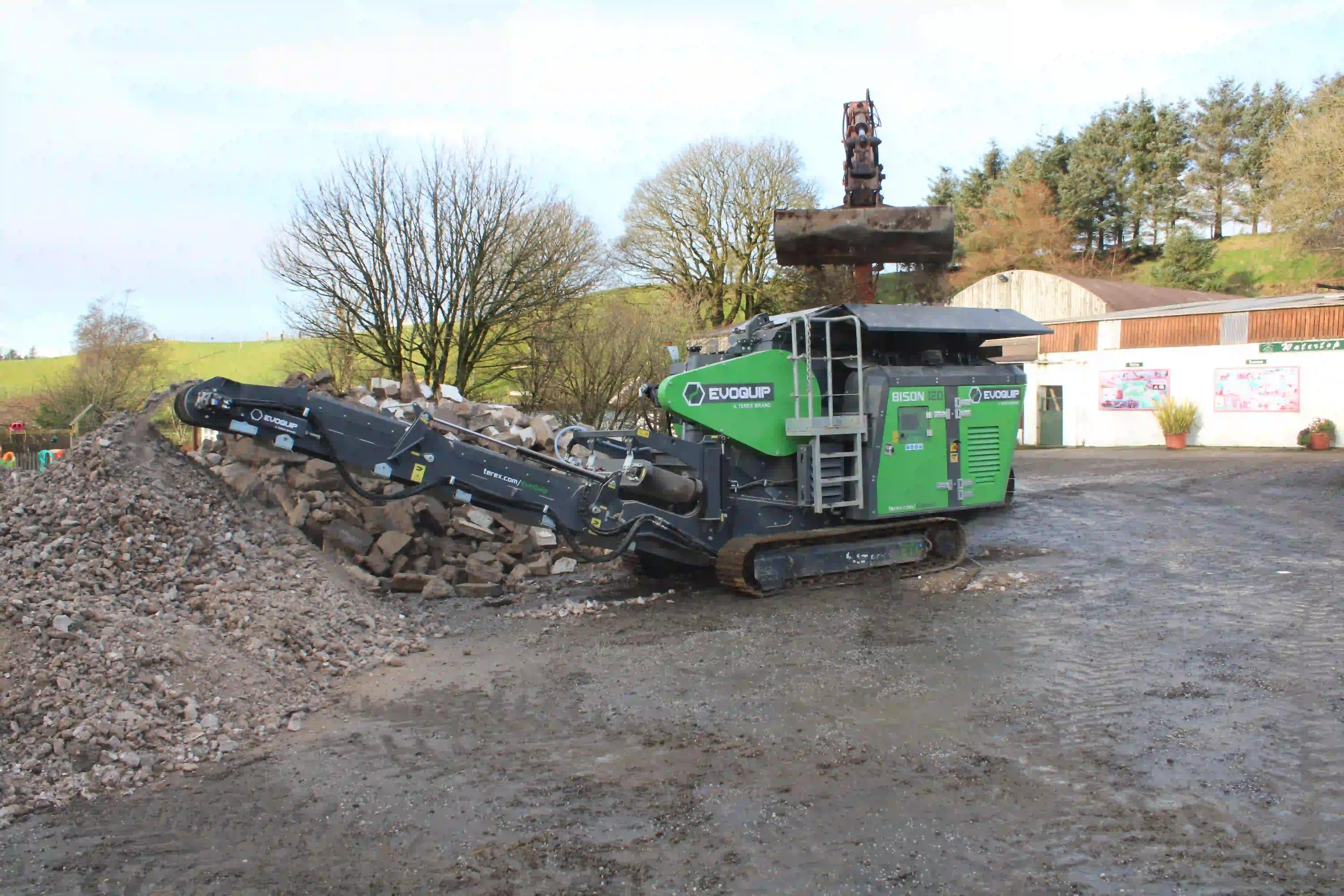 Terex EvoQuip Bison 120 crushing concrete blocks into reusable material
