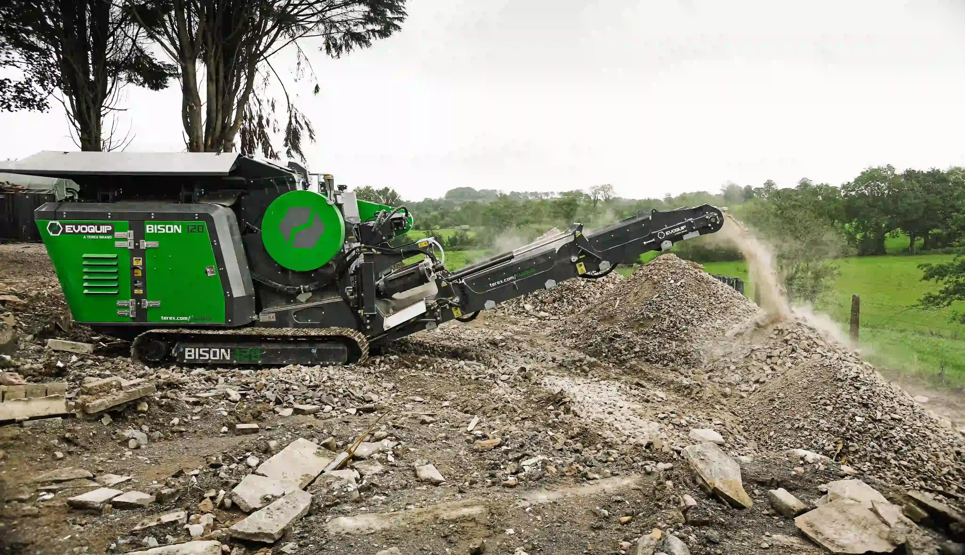 The Terex EvoQuip Bison 120 crushing concrete on site