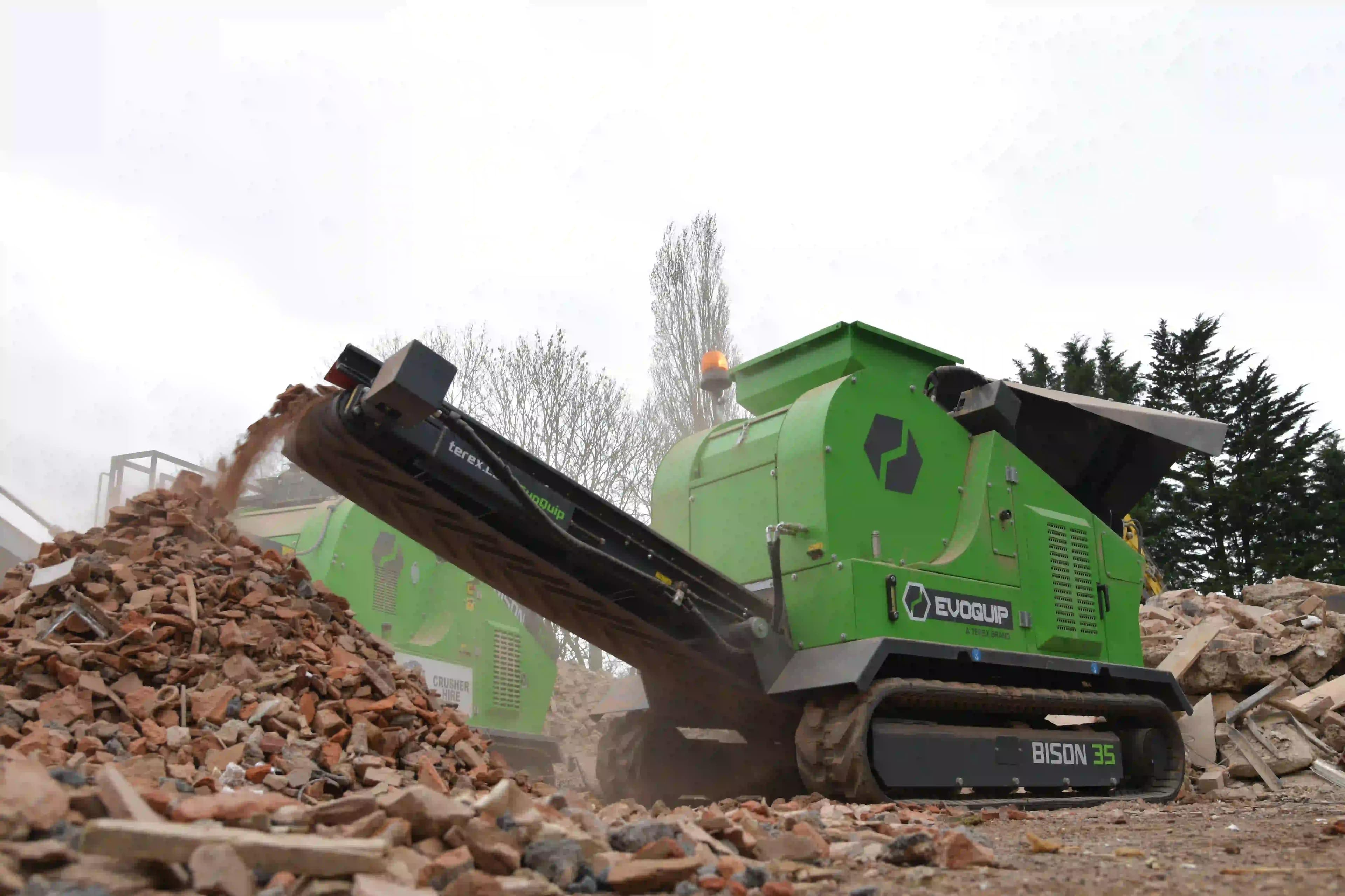 The Terex EvoQuip Bison 35 crushing house rubble