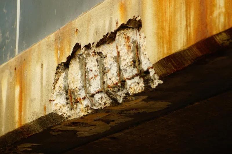 Corrosion damage on a concrete bridge on a busy thoroughfare in Frankfurt. With an age of about 50 years, it has its best days behind it.