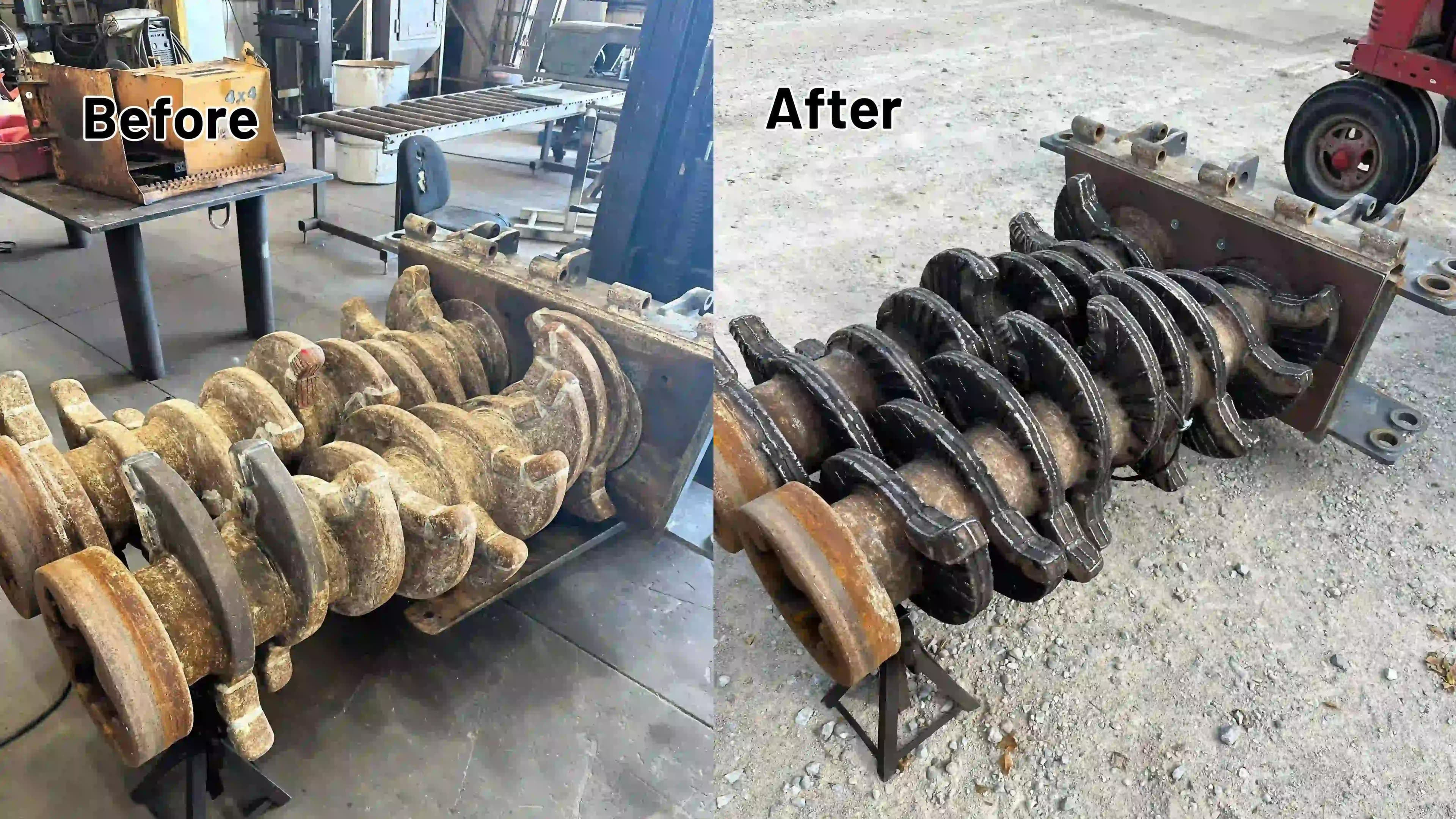 Before and after hardfacing shredder shafts