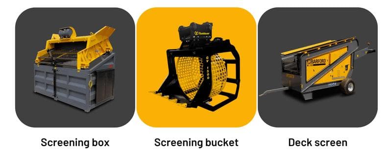 different types of small screeners including, screening box, screening bucket and deck screen
