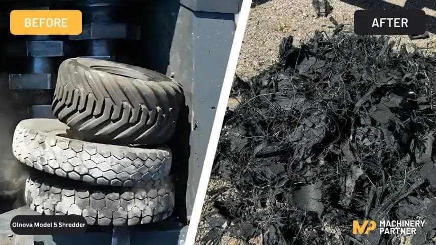 Before and after of the olnova model 5 shredder after shredding tires