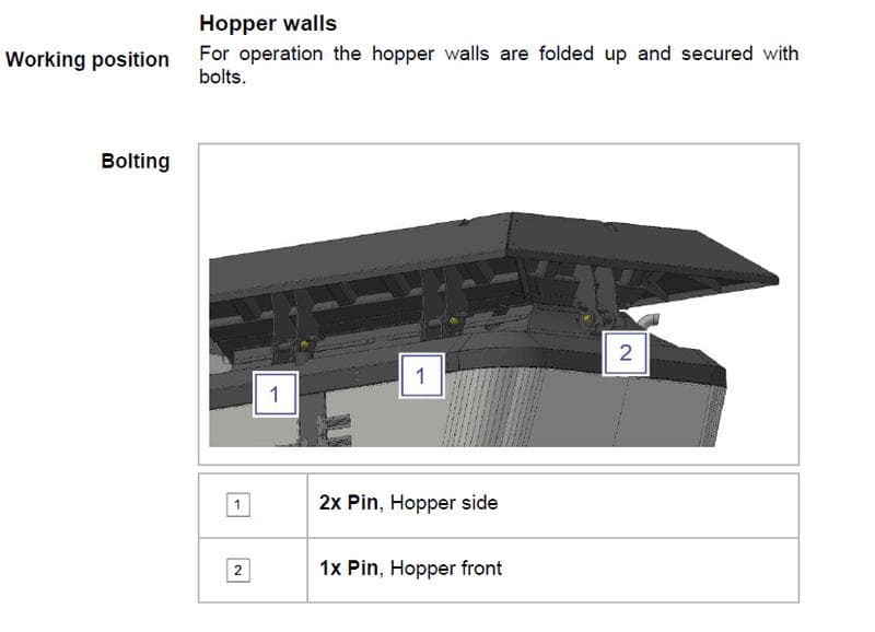 excerpt of the ARK 704 jaw crusher showing the hopper walls and where the main pins are located