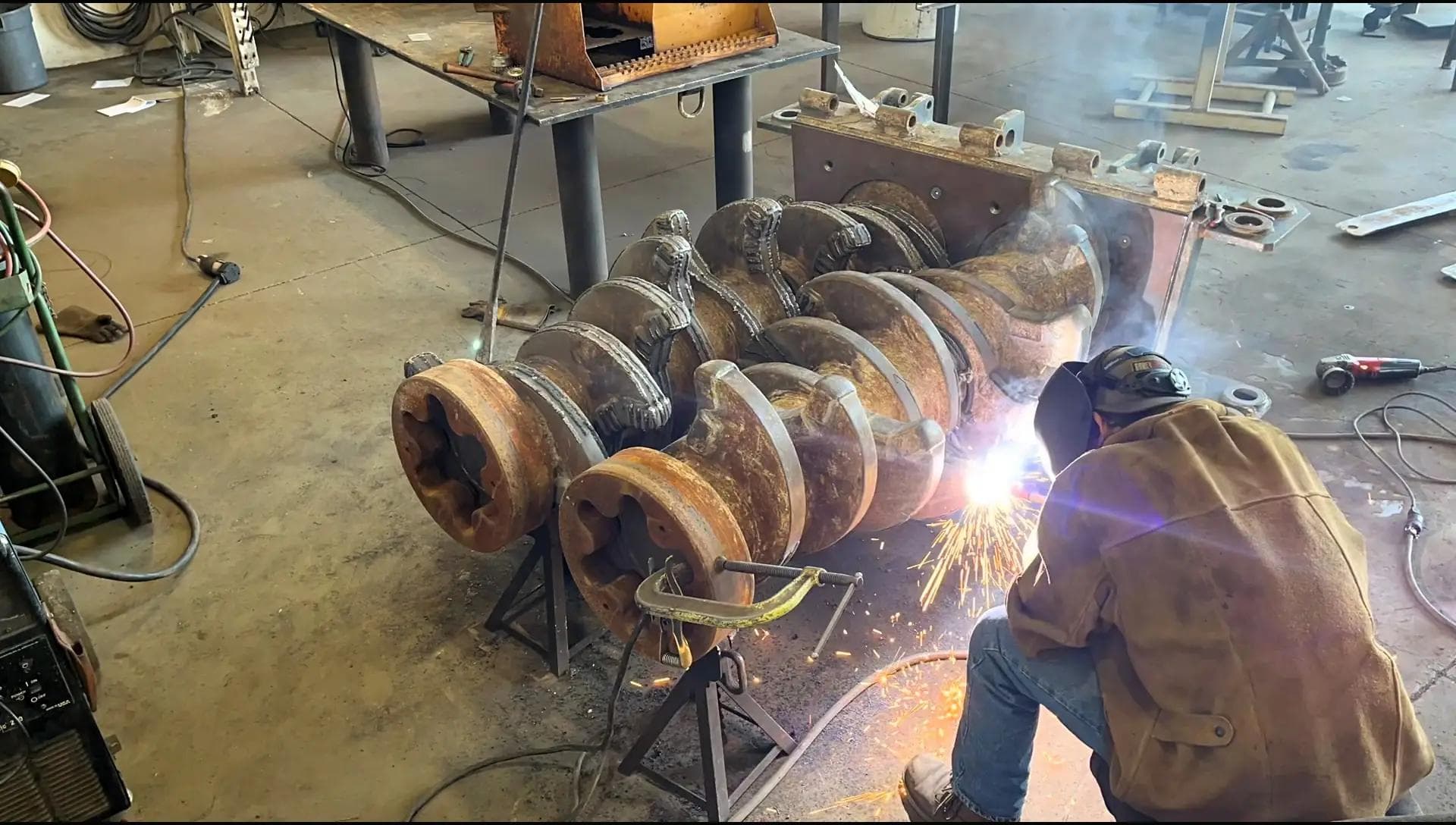 The team at Lavy Enterprises hardfacing shredder shafts for a customer